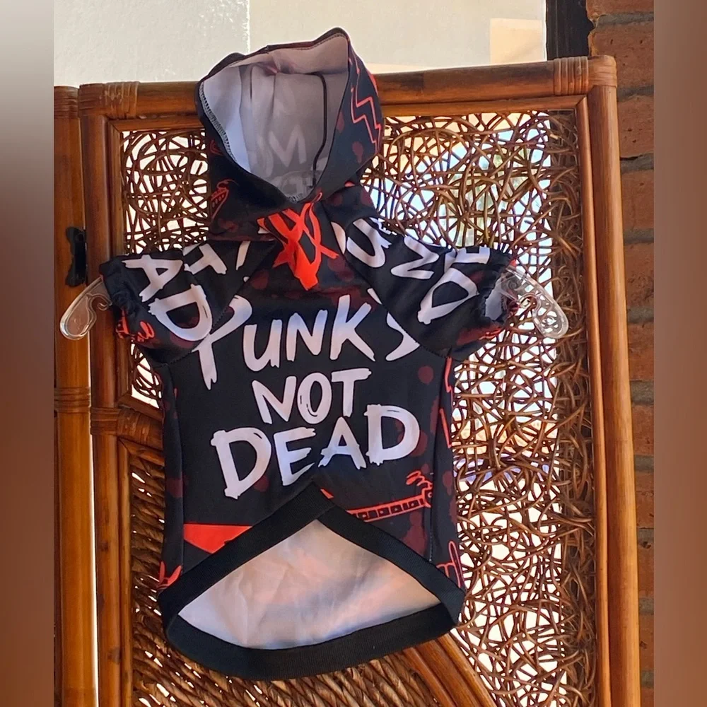 “Punk’s Not Dead” Black Graphic Hoodie White & Red Text Small Dog Halloween